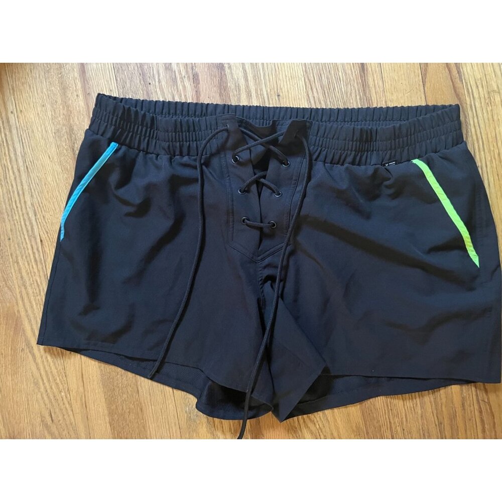tomboyX Women’s S Compression Shorts Athletic Casual Black Neon Tie Waist - XL
